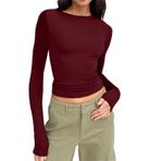 Uzun kollu tişört, kadın, pamuk, tunik, üst, basic tişört, Crop Top Y2K Clothes Casual yuvarlak yaka kazak, uzun kollu tişört, dar kesim, gömlek, bluz, genç, sokak giyimi, Şarap-3, XL