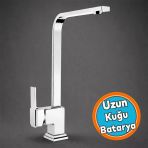 Uzun Kuğu Batarya Krom Lavabo Banyo Mutfak Musluğu Musluk Mermer Tezgah Üstü Çift Su Giriş Evye