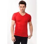 V Yaka Basic Slim Fit Erkek Tişört T-Shirt Kırmızı