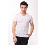 V Yaka Basic Slim Fit Erkek Tişört T-Shirt (XL, Beyaz)