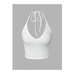 V Yaka Beyaz Renk Desensiz Boyun Bağlamalı Fitilli Kolsuz Likralı Fit Crop Top Bluz