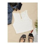 V Yaka Beyaz Renk Fitilli Crop Top Bluz