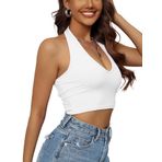 V Yaka Boyundan Askılı Beyaz Renk Desensiz Kolsuz Fitilli Likralı Fit Crop Top Bluz
