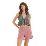 V Yaka Çiçek Desenli Crop Bluz Gri