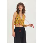 V Yaka Çiçek Desenli Crop Bluz Hardal