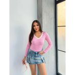 V Yaka Çizgili Bluz Pembe A3699