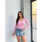V Yaka Çizgili Bluz Pembe