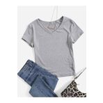V Yaka Gri Renk Fitilli Kısa Kollu Slim Fit Crop Top Bluz