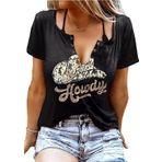V Yaka Howdy Tişört Kadın Western Country Kovboy Gömlek Vintage Rodeo Kovboy Tişört Üst Leopar Bal Şapkası Tişört, Siyah, S