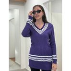 V Yaka Kolları, Yakası ve Etekleri Şeritli, Lastik Detaylı Tunik Kazak - Mor