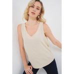 V Yaka Sıfır Kol Bluz 950 - Ekru - 36