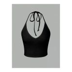 V Yaka Siyah Renk Desensiz Boyun Bağlamalı Fitilli Kısa Kolsuz Likralı Fit Crop Top Bluz