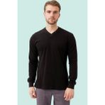 V Yaka Uzun Kollu Penye Tshirt Padus Shirt Rahat Kesim Günlük Iş Kullanımı Için - Siyah
