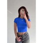VACHT Kadın Saks Mavisi Bisiklet Yaka Kısa Kollu Fitilli Kaşkorse Crop Bluz