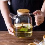 Vadi 1500 ml Bambu Kapaklı Isıya Dayanıklı Cam Bitki Çayı Demliği Cam Sürahi - Turuncu