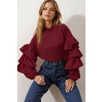 VAGGON Kadın Bordo Balıkçı Yaka Kolları Kat Volanlı Dokuma Bluz Vgn-x9762