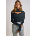 VAGGON Kadın Siyah Balıkçı Yaka Out Cut Kesimli Fitilli Örme Bluz Prmx13334