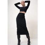 VAGGON Kadın Siyah Bisiklet Yaka Crop Bluz Ve Midi Boy Fitilli Etek Takım PRM1056