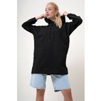 VAGGON Kadın Siyah Kapüşonlu Kanguru Cepli Iki Iplik Oversize Sweatshirt Prm1094