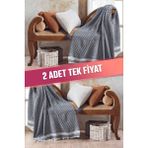 Vagonik 2 Adet Zigzag Pamuklu Tv Salı | Diz Battaniyesi Throw - 100 x 150 cm - Füme