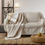 Vagonik Zigzag Natural Keten Koltuk Örtüsü | Koltuk Şalı Çekyat Örtüsü - 170 x 210 cm - Bej
