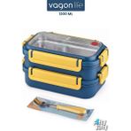 Vagonlife 1200 ml Iki Kat Üç Bölme Paslanmaz Çelik Bento Lunch Box Yeni Nesil Sefer Tası Çelik Kaşıklı -22FF15 - Lacivert