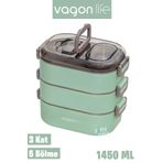 Vagonlife 1450 ML 3 Kat Çelik (2 Kat Kullanılabilir) Bento Lunch Box Yeni Nesil Sefer Tası-FFLBOX708