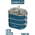 Vagonlife 1450 ml 3 Kat Çelik 2 Kat Kullanılabilir Bento Lunch Box Yeni Nesil Sefer Tası - Lacivert