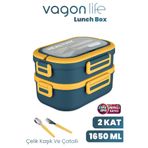 Vagonlife 1650 ML İki Kat Üç Bölme Paslanmaz Çelik Lunch Box Yeni Nesil Sefer Tası - Kaşık Ve Çatallı -6715