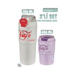 Vagonlife 2'li Çelik Termos-Kahve Bardağı Seti 750ML Çift Kullanım Termos//450ML Mug Kahve Bardağı - Beyaz - Mor