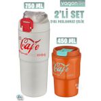 Vagonlife 2'li Çelik Termos-Kahve Bardağı Seti 750ML Çift Kullanım Termos//450ML Mug Kahve Bardağı - Beyaz - Turuncu