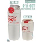 Vagonlife 2'li Çelik Termos-Kahve Bardağı Seti 750ML Çift Kullanım Termos//450ML Mug Kahve Bardağı - Beyaz
