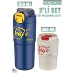 Vagonlife 2'li Çelik Termos-Kahve Bardağı Seti 750ML Çift Kullanım Termos//450ML Mug Kahve Bardağı - Lacivert - Krem