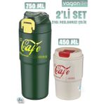 Vagonlife 2'li Çelik Termos-Kahve Bardağı Seti 750ML Çift Kullanım Termos//450ML Mug Kahve Bardağı - Yeşil - Krem