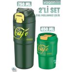 Vagonlife 2'li Çelik Termos-Kahve Bardağı Seti 750ML Çift Kullanım Termos//450ML Mug Kahve Bardağı - Yeşil - Yeşil