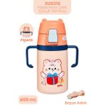 Vagonlife 400 ml 316L Paslanmaz Çelik Pipetli Çocuk Termosu Taşıma Kulplu Askılı Çift Duvar -FFR400ML4011 - Turuncu