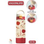 Vagonlife 550 ml Desenli Çift Içim - Pipetli / Pipetsiz Taşıma Kulplu Paslanmaz Çelik Termos - Krem