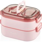 Vagonlife Bento 1000ml Lunchbox Yeni Koleksiyon Çift Katlı 3 Bölmeli Çelik Sefer Tası Yemek Kutusu Pembe