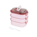 Vagonlife Bento 1450ml Lunchbox Üç Katlı 5 Bölmeli ve Mini Sosluklu Çelik Sefer Tası Yemek Kutusu (Pembe)