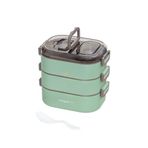 Vagonlife Bento 1450ml Lunchbox Üç Katlı 5 Bölmeli ve Mini Sosluklu Çelik Sefer Tası Yemek Kutusu (Yeşil)