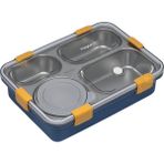 Vagonlife Bento 850ML Lunchbox Yeni Koleksiyon Tek Katlı 4 Bölmeli ve Kaseli Çelik Sefer Tası Yemek Kutusu - Lacivert