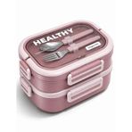 Vagonlife Healthy | Lunch Box 2 Katlı 3 Bölmeli Paslanmaz Çelik Yeni Nesil Sefer Tası - Çatal Kaşıklı -1650 ML (Pembe)