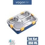 Vagonlife Lunchbox Büyük Ebat 850 ml (Paslanmaz Çelik Tek Kat Dört Bölmeli Çorba Kaseli Lunch Box Yeni Nesil Sefer Tası -FFLBOX50433 - Lacivert