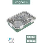 Vagonlife Lunchbox Büyük Ebat 850 ml (Paslanmaz Çelik Tek Kat Dört Bölmeli Çorba Kaseli Lunch Box Yeni Nesil Sefer Tası -FFLBOX50433 - Yeşil