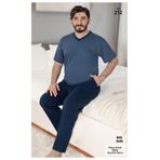 VAJESTO Erkek Lacivert Kısa Kol Uzun Pantolon Pamuklu Cotton T-shirt Pantolon Büyük Beden Pijama Takım Cepli