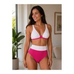 VAJESTO Kadın Beyaz Pembe Yüksek Bel Bikini Takım Üçgen Boyundan Bağlamalı Toparlayıcı Mayo