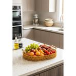 Valera Rattan Dekoratif Sepet Sunum Servis Tepsisi Ahşap Saplı Oval Sepet 28 cm