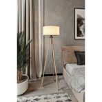 Valerino Bej Kumaş Başlıklı Ahşap Lambader - 3 Ayaklı Tripod Yer Lambası, E27 Duy Kahve Renkli Doğal Ahşap Gövde, Modern Salon ve Köşe Aydınlatması (LY519)
