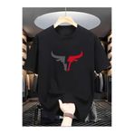 valeuras Erkekler için Casual Rib-Knit Polyester T-Shirt, BULL Grafikli, Crew Neck Kısa Kollu Yazlık Üst