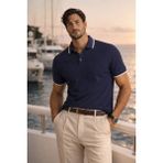 Valiberta Balzac Yakası Şeritli Düğmeli Polo Yaka Basic Günlük Petek Örgü Triko Erkek T-Shirt - Lacivert